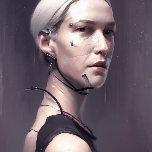 Image similar to portrait of a female cyborg by greg rutkowski, she is about 3 0 years old, korean, pale, white bob hair, she is wearing a black tank top, highly detailed portrait, digital painting, artstation, concept art, smooth, sharp foccus ilustration, artstation hq