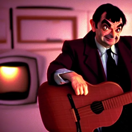 Image similar to mr. bean in tenacious d. movie still. cinematic lighting.