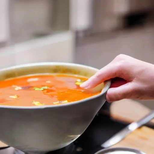 Prompt: a photo of a person being unable to eat soup properly spilling it in the process.