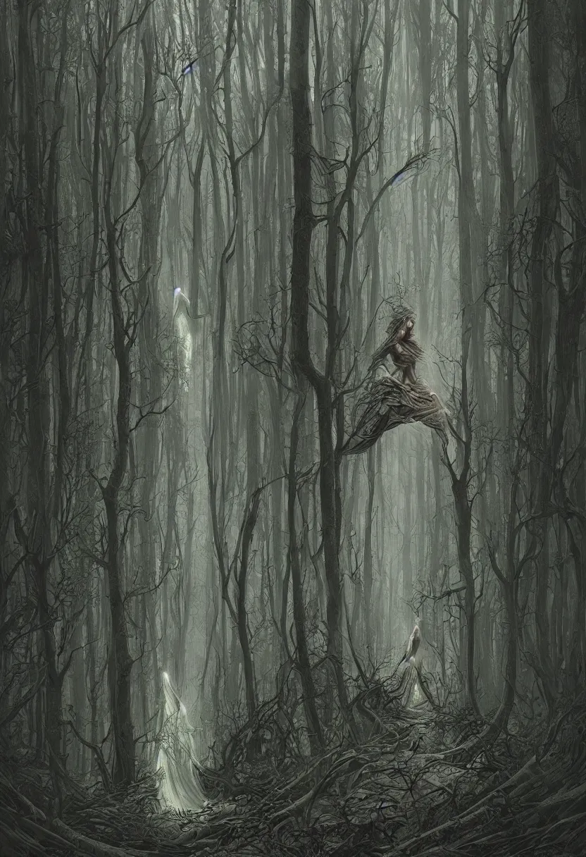 Image similar to a beautiful woman in a spooky forest, by daniel - by greg rutkowski and raymond swanland hr giger and zdzislaw beksinski and alphonse mucha and moebius, matte painting, hyperdetailed, symmetry, art nouveau, beautiful render, concept art