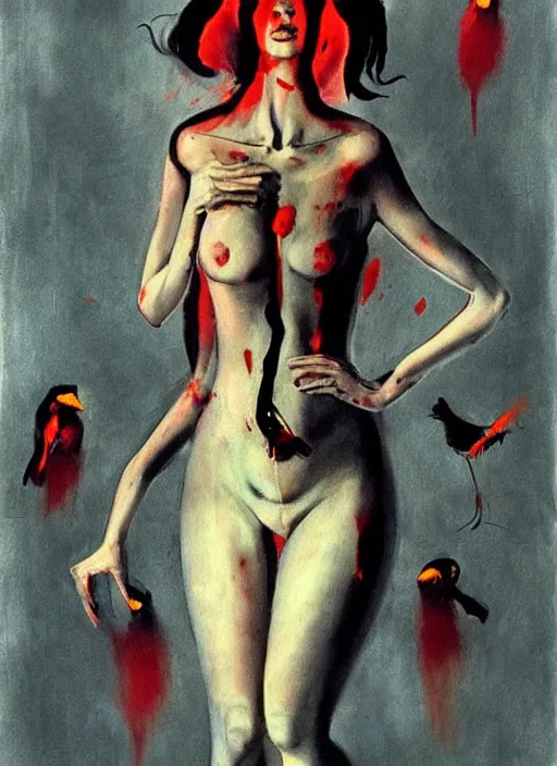 Prompt: stunning asian college girl standing on her knees, frozen cold stare, scream, startled, blood red background, transparent gray skirts, stockings, crows swarming trapped in the void as a symbol of death, in style of surrealism of Francis Bacon painting, Ilya Kuvshinov, John Singer Sargant, impasto textures of Chaim Soutine and Frank Auerbach, American Gothic, Japanese Gothic, strange cinematic light