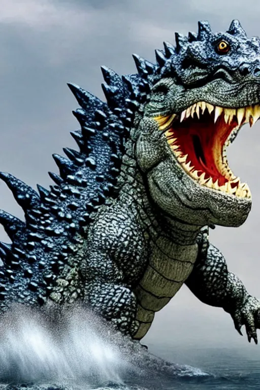 Image similar to Godzilla, kaiju, sea creature, crocodile, sharp teeth, scary look, angry