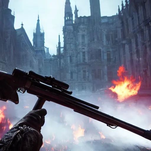 Prompt: looking down rifle in first person shooter bloodborne, background out of focus, flames, dark