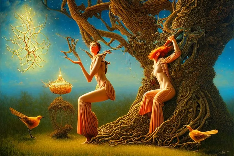 Image similar to oil painting, female playing the harph while birds are listening on the tree surreal, ultra realistic, wide angle, intricate details, artifacts, luminous skies, highly detailed, michael cheval, peter mohrbacher, boris vallejo, jessica rossier, oil painting, highly detailed, cinematic lighting