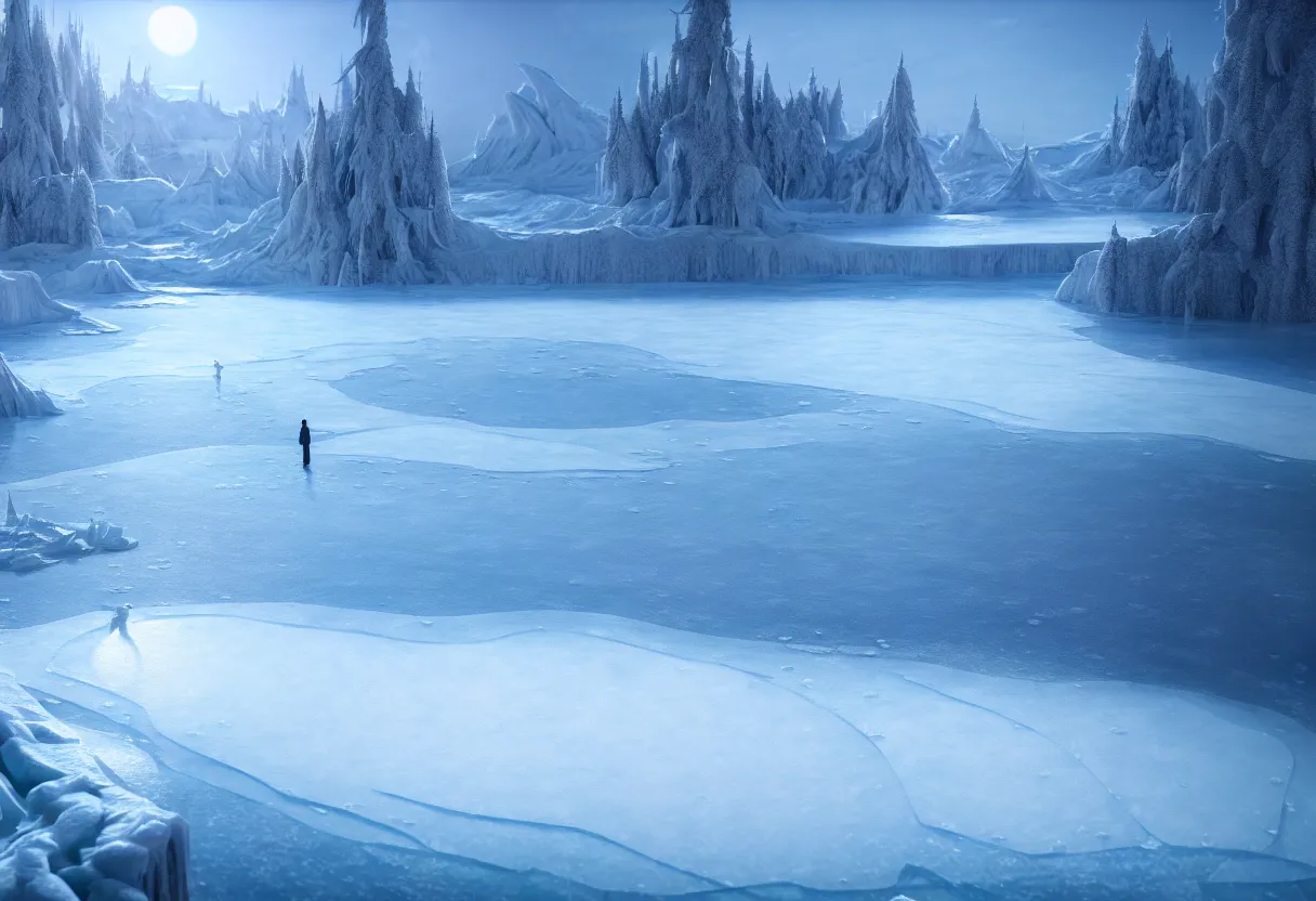 Image similar to inside of flowing frozen lake winter landscape of human mind and imagination, matte painting, beautiful render, octane render, concept art