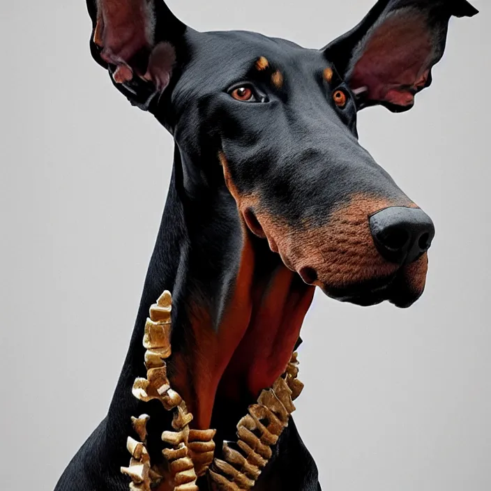 Image similar to doberman, skeleton. intricate abstract. intricate artwork. by Tooth Wu, wlop, beeple, dan mumford. octane render, trending on artstation, greg rutkowski, very coherent symmetrical artwork. cinematic, hyper realism, high detail, octane render, 8k, iridescent accents, deep blacks