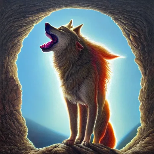 Prompt: a wolf on the edge of a cliff howling at the blood moon, by Adi granov and afarin sajedi and amanda sage and evgeni gordiets and Agostino Arrivabene and in a psychedelic portrait style, ultrarealistic matte painting, volumetric lighting, fractal, extremely symmetrical, highly detailed face, orisha, 8k, hd