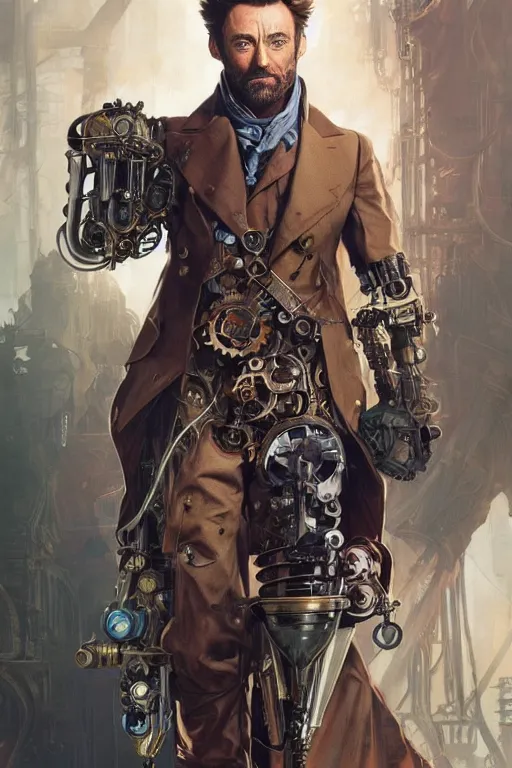 Image similar to hugh jackman as a steampunk cyborg, portrait, western, steampunk, duster, fantasy, intricate, elegant, highly detailed, digital painting, artstation, concept art, sharp focus, illustration, art by artgerm and greg rutkowski and alphonse mucha