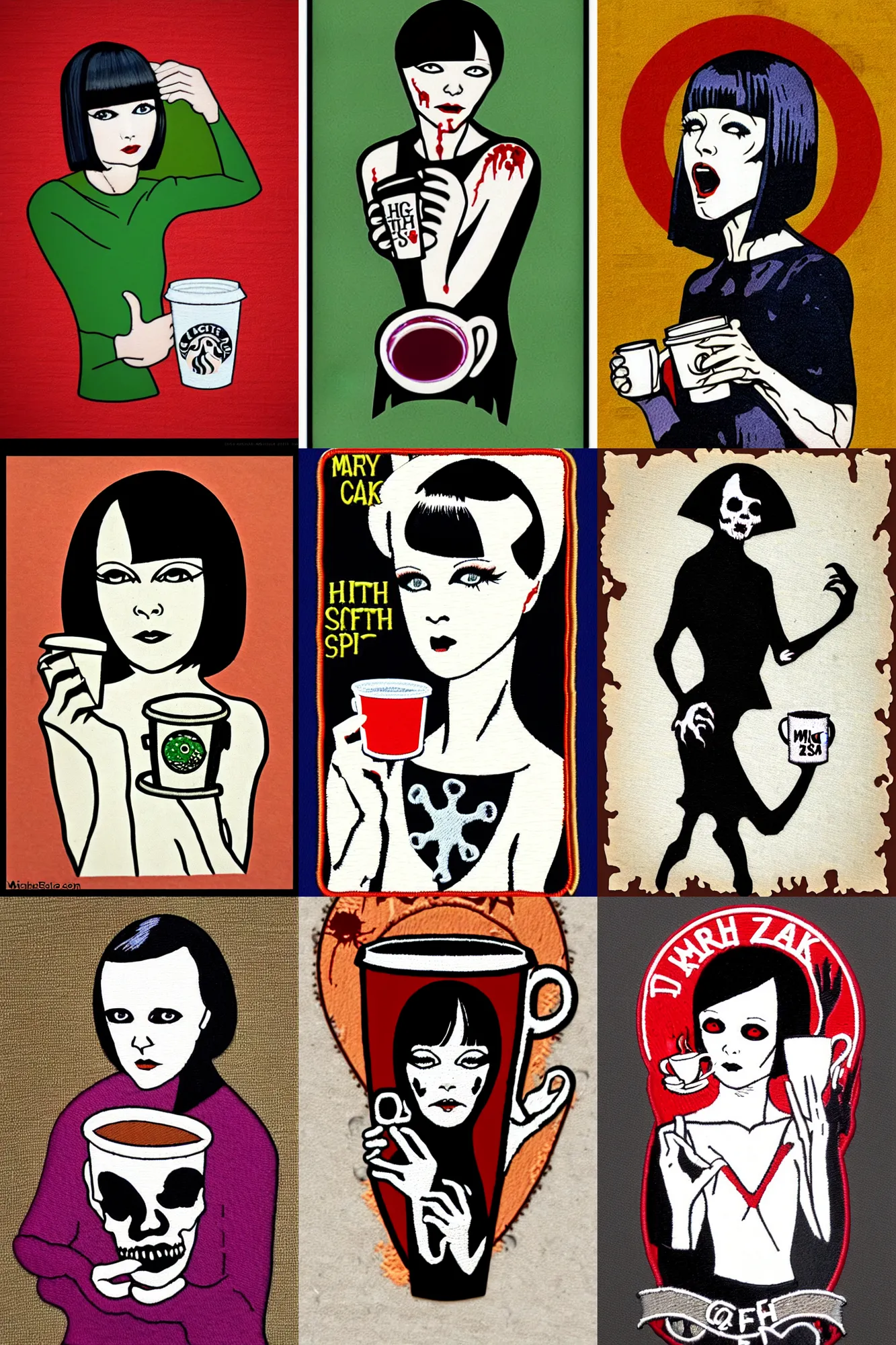 Prompt: patch logo design, mary louise brooks as a zombie holding coffee cup, high detail spiral design