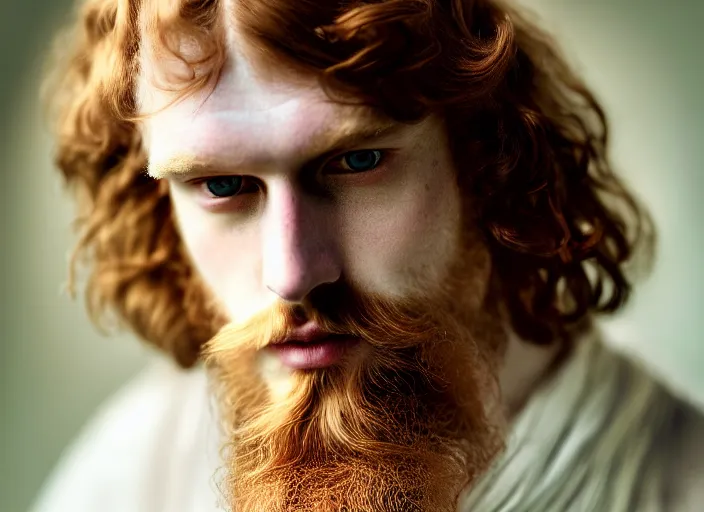 Prompt: portrait photography of a beautiful man how pre-Raphaelites beauty type in style of Nicolas False, britt marling style 3/4 , he has a short beard, ginger hair, beautiful ethereal lace white robes, 8K, soft light, volumetric lighting, highly detailed Realistic, Refined, Highly Detailed, natural outdoor soft pastel lighting colors scheme, outdoor fine art photography