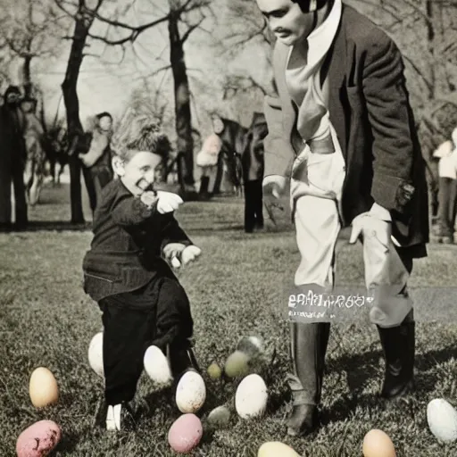 Image similar to historical footage of elvis on an easter egg hunt on easter sunday, 1 9 3 0 s, photorealistic, photo