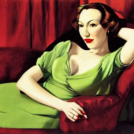 Image similar to portrait of write diva clarice lispector reclining on the sofa, green dress, by j. c. leyendecker, tamara de lempicka