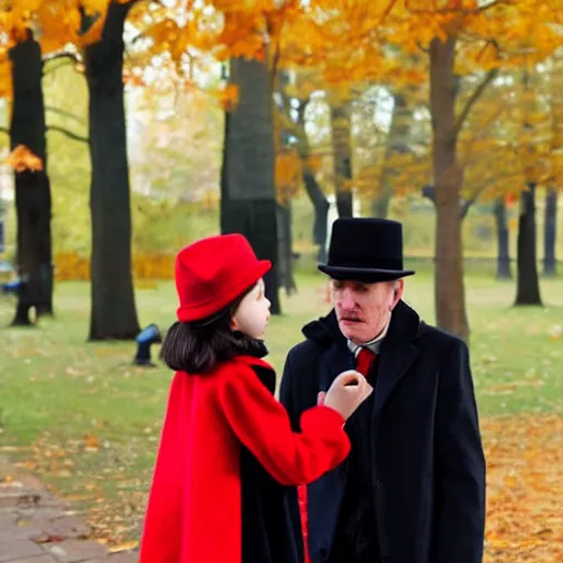 Image similar to A thin man in a black coat and bowler hat talks with small young girl dressed in a red coat and a red hat, park, autumn, Berlin, in style of Henry Matisse , wide angle, high detail, width 768