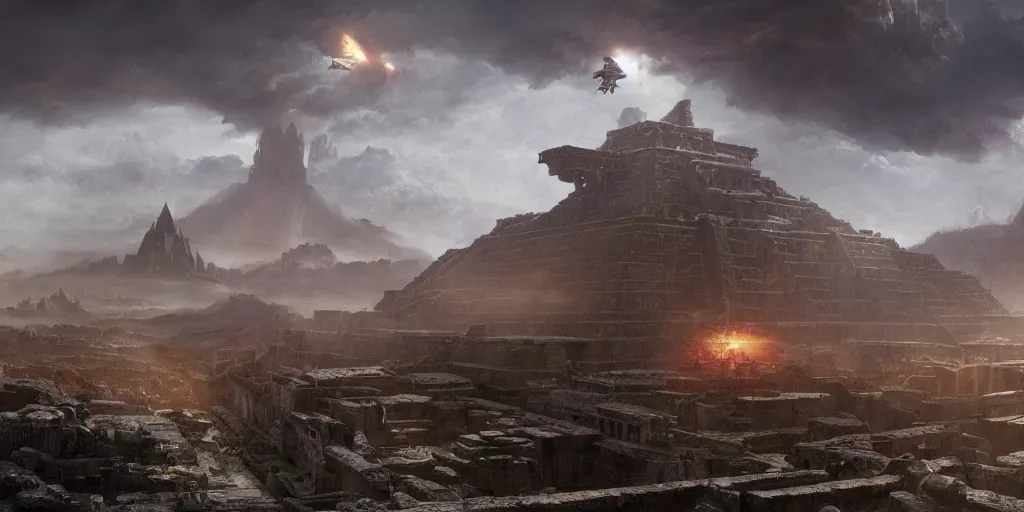 Prompt: A fierce Aztec warrior watches ominous alien spacecraft flying above the Aztec temple. Intense dramatic epic sci-fi cinematic concept artwork in the style of Jacek Pilarski and Greg rutkowski and Sylvain Lorgeou. Panoramic view. Trending on artstation