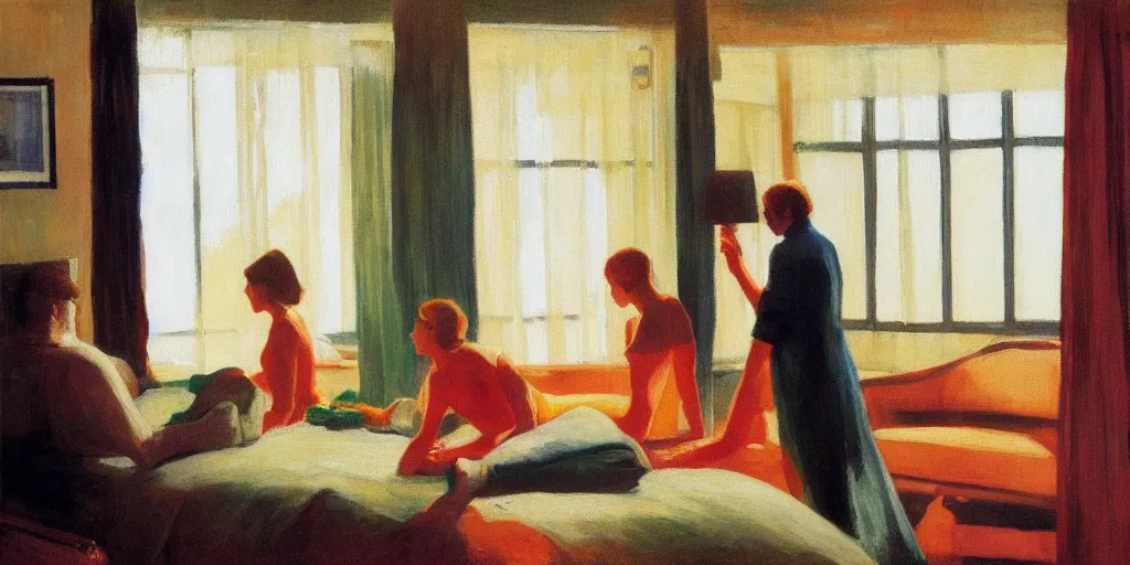 Prompt: a couple talking in a hotel room by the window, colorful, morning sunlight, by edward hooper