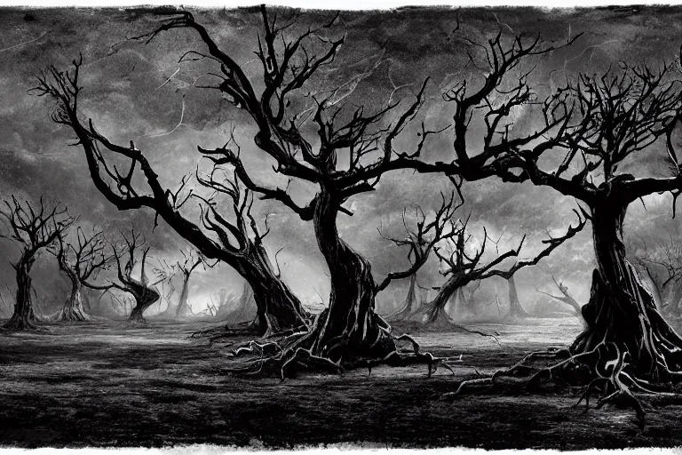 Prompt: in the raging black storm, gnarled trees on a darkling plain, drawn by christan delort and jean gireaud, graphic black and white, low camera, wide angle, centered composition, golden ratio
