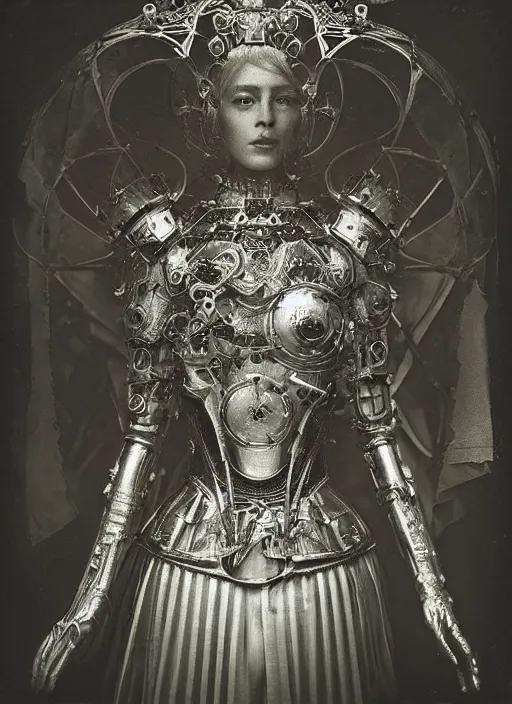 Prompt: old wetplate daguerreotype frame portrait of a futuristic silver armored pretty queen elisabeth emperor district 9 cyborg, fractal, intricate, elegant, highly detailed, subsurface scattering, by jheronimus bosch and greg rutkowski and louis jacques mande daguerre