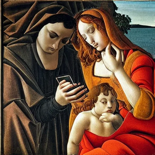 Image similar to Renaissance oil painting of a couple hugging and looking at an iphone that lits up their face, dark scene, by Botticelli