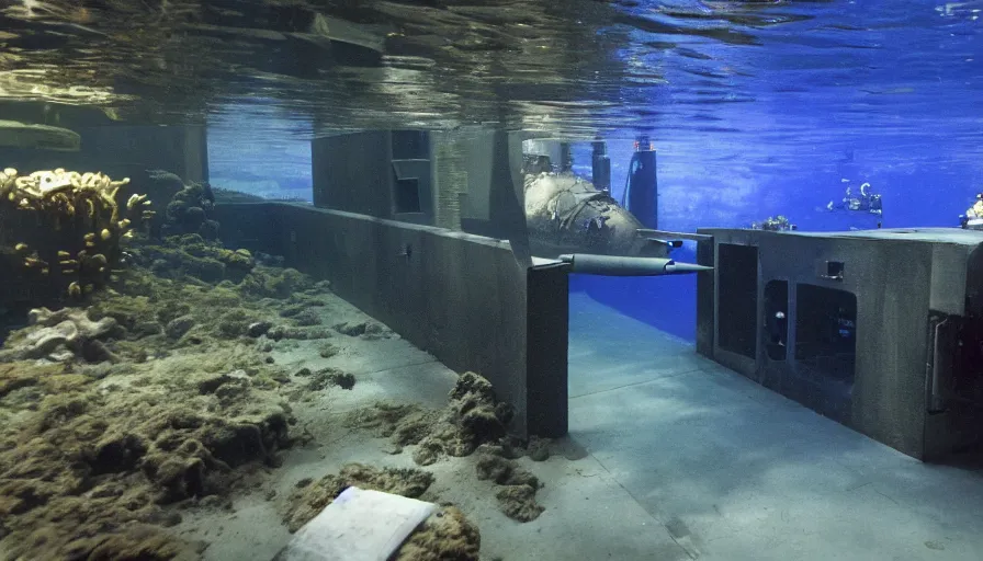 Prompt: Big budget horror movie, underwater exterior wide shot, a submarine approaches an underwater biolab