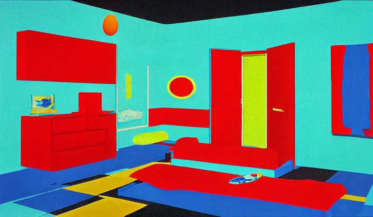 Prompt: A bedroom designed by Tadanori Yokoo, film still, by Gregg Araki