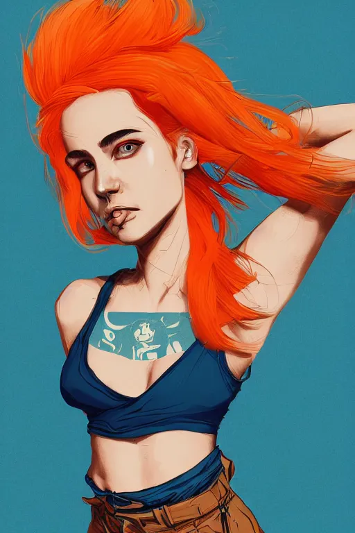 Image similar to a award winning half body portrait of a beautiful caucasian woman in a croptop and cargo pants with ombre orange blue teal hairstyle with head in motion and hair flying by will eisner, outrun, vaporware, digital art, trending on artstation, highly detailed, fine detail, intricate