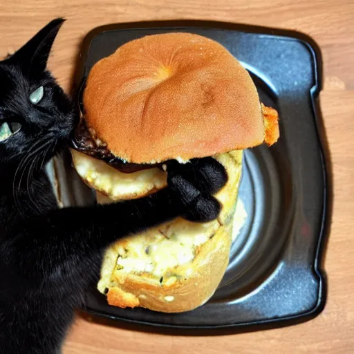 Image similar to black cat eating mushroom patty