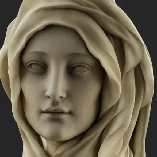 Image similar to a marble sculpture of the veiled virgin, cracked subsurface scattering, !face, !female, covered in intricate !detailed !!sheer veil , physically based rendering, photo realistic, top light , dark background