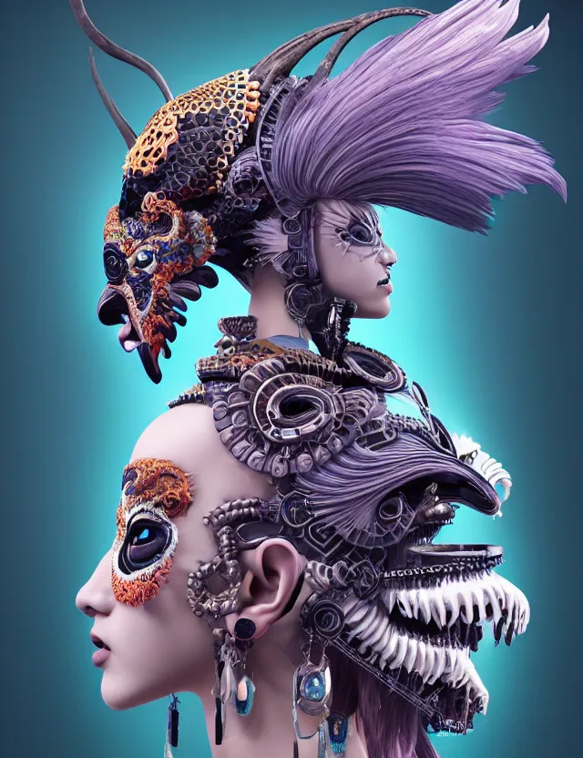 Image similar to 3 d goddess close - up profile portrait punk with mohawk with ram skull. beautiful intricately detailed japanese crow kitsune mask and clasical japanese kimono. betta fish, jellyfish phoenix, bio luminescent, plasma, ice, water, wind, creature, artwork by tooth wu and wlop and beeple and greg rutkowski