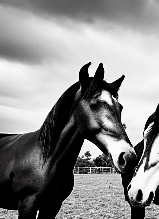 Image similar to two horses black and white portrait white sky in background