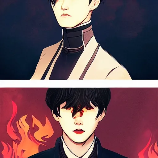 Prompt: MIN YOONGI is ZUKO, night time, dynamic lighting , looking at his FIRE SCAR reflection, +++ super super super dynamic posing, j.c. leyendecker, Valentina Remenar, thick eyebrows, super serious facial expression