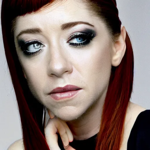 Image similar to a fashion photo portrait of a young Alyson Hannigan, full makup, smokey eye, medium shot. In the style of Helmut newton, robert maplethorpe, Stefano Brunesci, Lachlan Bailey, Herb Ritts, Ellen Von Unwerth, Haris Nukem, Sardax, Annie Leibovitz. detailed photo, hd, 4k, trending on artstation, 35mm, f1.8