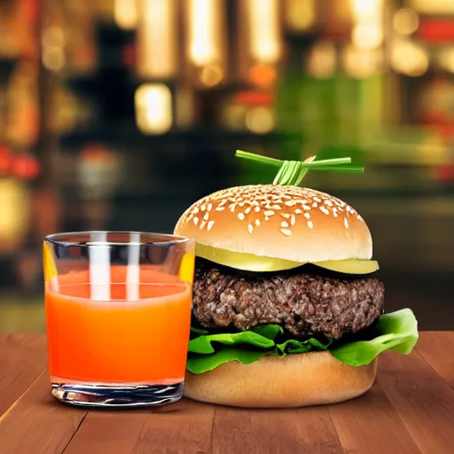 Prompt: a glass of juice with a soy burger