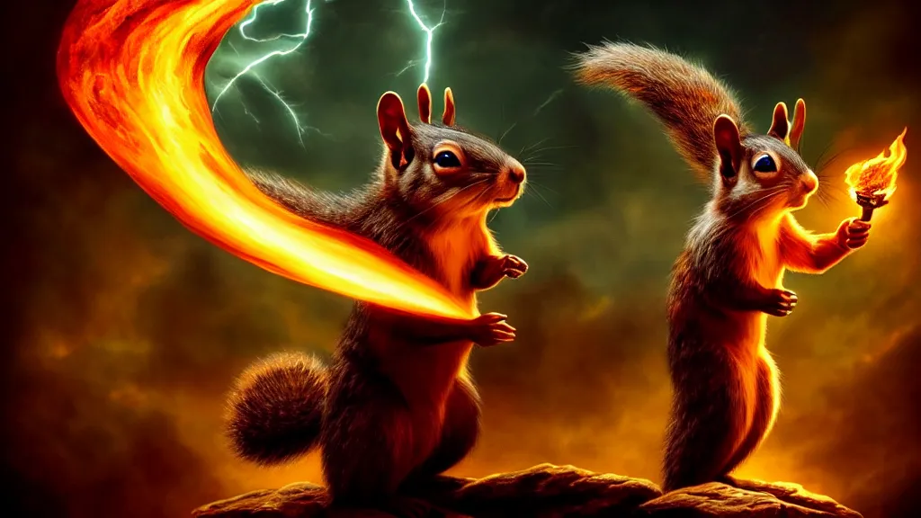 Prompt: magic squirrel sorcerer casting a powerful arcane magic spell, fire, ice, lightning, fantasy, occult, majestic pose, dramatic lighting, cinematic scene, frank frazetta, visually stunning, sharp focus, highly detailed, colorful, trending on artstation, cgsociety, artgerm