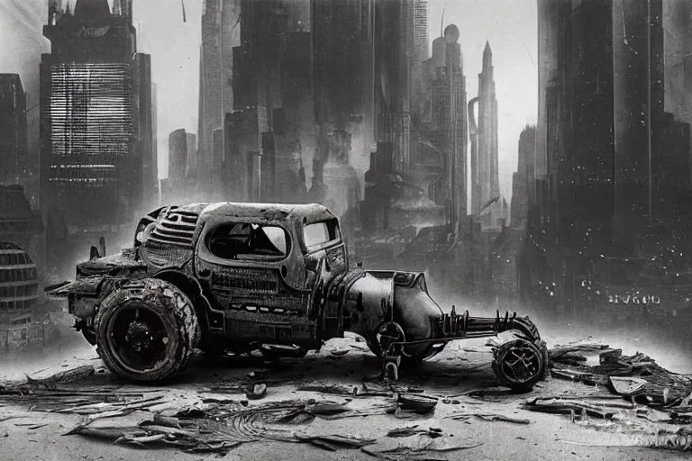 Image similar to cyberpunk 1 9 0 8 model ford t by paul lehr, jesper ejsing, metropolis, mad max, parked by view over city, vintage film photo, robotic, damaged photo, scratched photo, scanned in, old photobook, silent movie, black and white photo