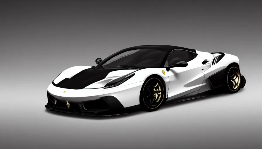 Image similar to Bright white and black Ferrari with gold wheels, hyperdetailed, artstation, cgsociety, 8k