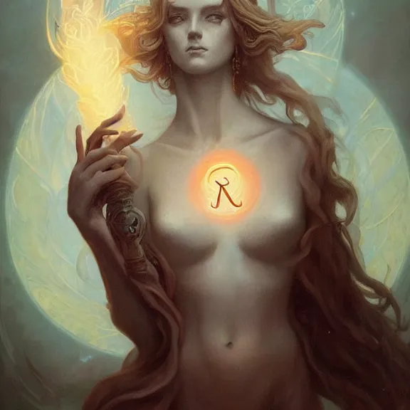 Image similar to a highly detailed beautiful portrait in the style of peter mohrbacher and in the style of jean delville. glowing rune of magical power.