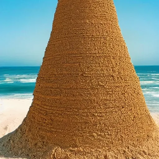 Image similar to a tower of sand on the beach that's taller than the people around it