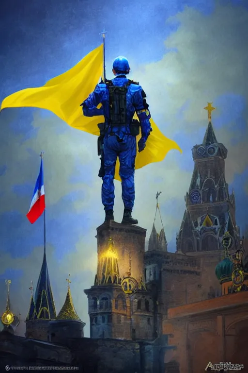 Image similar to special forces soldier installin ukrainian blue and yellow flag on red square kremlin, masculine figure, d & d, fantasy, bright atmosphere, volumetric lights, intricate, elegant, extremely detailed, digital painting, artstation, concept art, matte, smooth, sharp focus, hyper realistic, illustration, art by artgerm and greg rutkowski and alphonse mucha