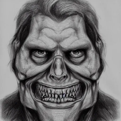 Prompt: Jerma985 with a cheek to cheek smile, sinister looking, evil intent, horror, uncanny, detailed, high resolution, sharpened, close-up, police sketch, wanted poster, pencil sketch, drawing, creepy, frightening