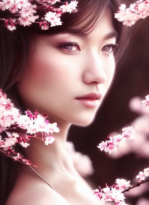 Image similar to photo of a gorgeous female in the style of stefan kostic, realistic, half body shot, sharp focus, 8 k high definition, insanely detailed, intricate, elegant, art by stanley lau and artgerm, extreme blur cherry blossoms background