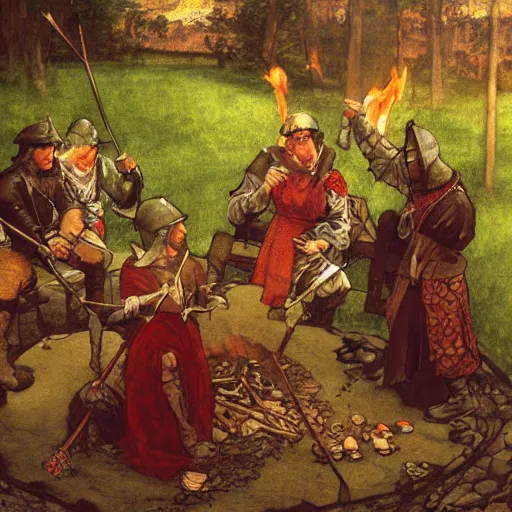 Prompt: a painting of medieval knights toasting marshmallows around the campfire in the style of howard pyle, arthur rackham, alphonse mucha. volumetric lighting. 8 k resolution. best detail. trending on artstation trending on deviantart