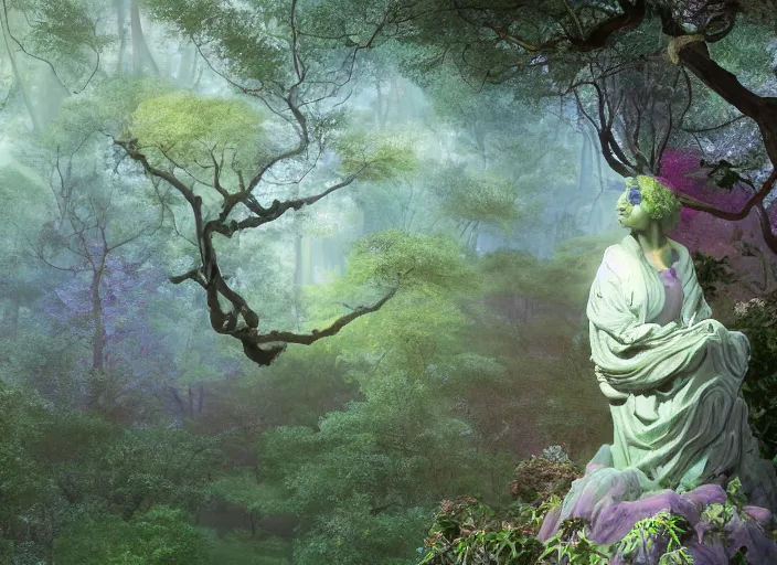 Image similar to a portrait of idealistic marble statue with fractal flowery hair and fair porcelain face and green eyes, in a magical forest, painted by, mc escher, gordon onslow ford, georgia o'keeffe and ivan aivazovsky, cinematic light, god rays, colourful, unreal engine, zbrush central,