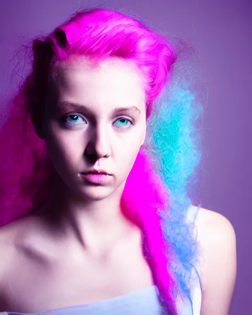 Image similar to a dramatic lighting photo of a beautiful young woman with cotton candy hair. with a little bit of cyan and pink