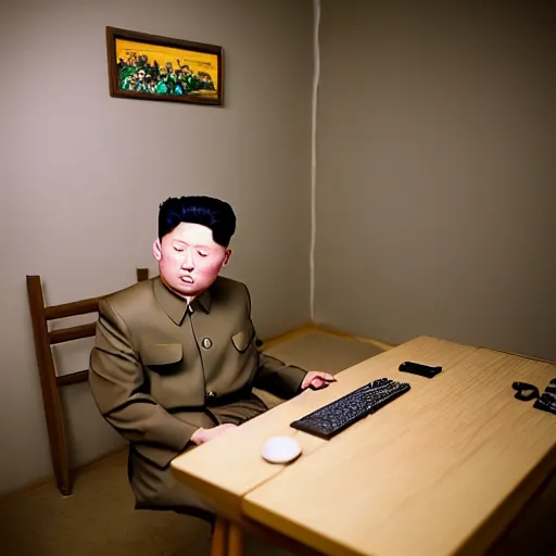 Image similar to hyperralism araki hobuyoshi style photography of detailed north korean kim chen with perfect face playing xbox in basement bedroom