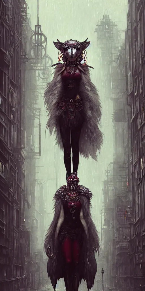 Image similar to hyper realistic Princess Mononoke, ornate mask, wet market street, rainy atmosphere, full moon, cyberpunk metropolis, city landscape, jewels, full body pose, wolves, style of tom bagshaw, mucha, james gurney, norman rockwell, denoised, sharp