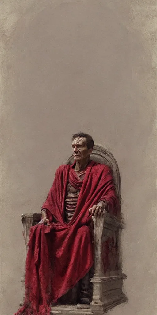 Image similar to the end is near. a tired julius caesar is sitting on his throne. face is highly detailed. splices of red are running down his toga. mist. color scheme red. low angle medium shot. imagined by jeremy lipking