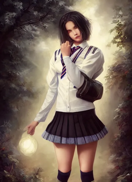 Image similar to a beautiful woman with school uniform, seifuku, pleated miniskirt, overknee socks, adriana lima, painted by artgerm and tom bagshaw, fantasy art, dramatic lighting, highly detailed oil painting, volumetric lighting