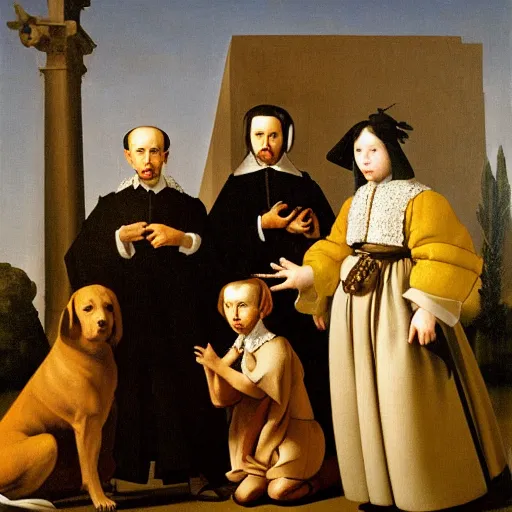 Prompt: a painting of a group of people and a dog, a flemish baroque by francisco de zurbaran, flickr, baroque, dutch golden age, flemish baroque, rococo