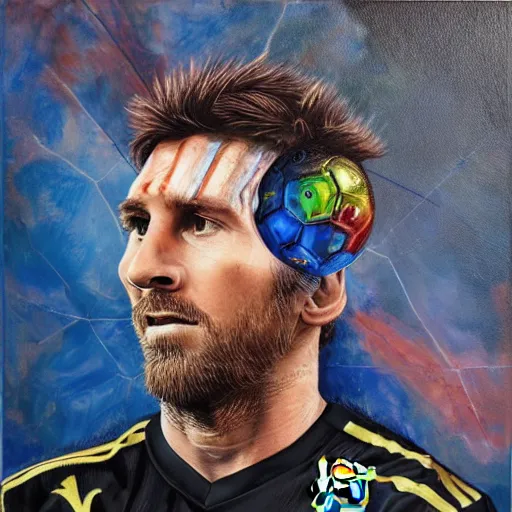 Image similar to portrait of lionel messi as a cyborg, oil painting, mechanical parts, soccer ball, intricate, detail