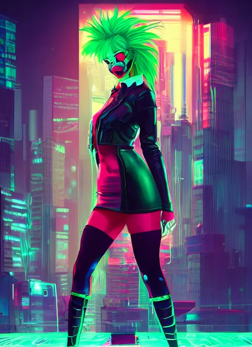 Prompt: cyberpunk woman with green hair wearing futuristic clothes and a red plaid miniskirt, synthwave aesthetic, character portrait, by wlop, by artgerm, by james gilleard, digital art, matter art, octane render, lineart, pop art